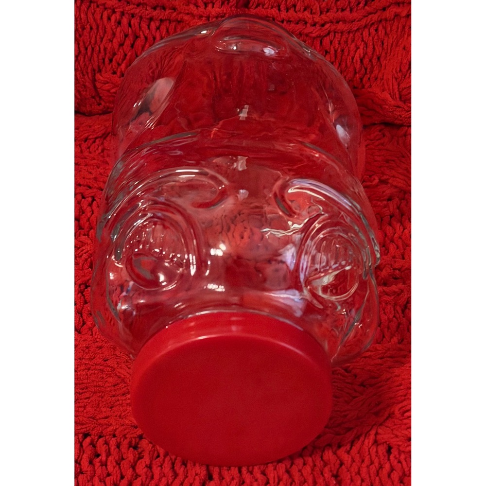 VTG  Clear Glass Pig Shaped Cookie Jar BANK Candy Dish Red Lid Farmhouse Decor